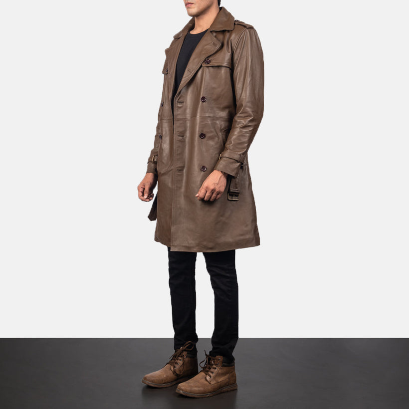 Royson بني Leather Duster معطف جلد فاخر رجالي