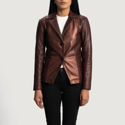 Women's Ruby Metallic عنابي بليزر جلد نسائي in Maroon Sheepskin Leather - Front Profile View &amp; Tailored Silhouette | Buy Online