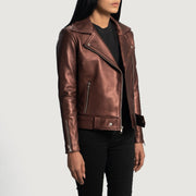
Maroon Sheepskin Leather Biker Jacket - عرض خلفي يوضح تفصيل الأكتاف المتقن والحاشية النظيفة