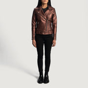 
تفاصيل مقربة of Notch & Zipper Hardware on Rumy Maroon Leather Biker Jacket