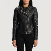 Women's Sally Mae Studded أسود جاكيت بايكر جلد نسائي in Black Sheepskin Leather - Front Profile View &amp; Tailored Silhouette | Buy Online