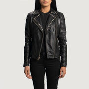 Women's Sally Mae Studded أسود جاكيت بايكر جلد نسائي - Lateral Side Profile View Showing Sleeve Cut &amp; Athletic Taper Fit