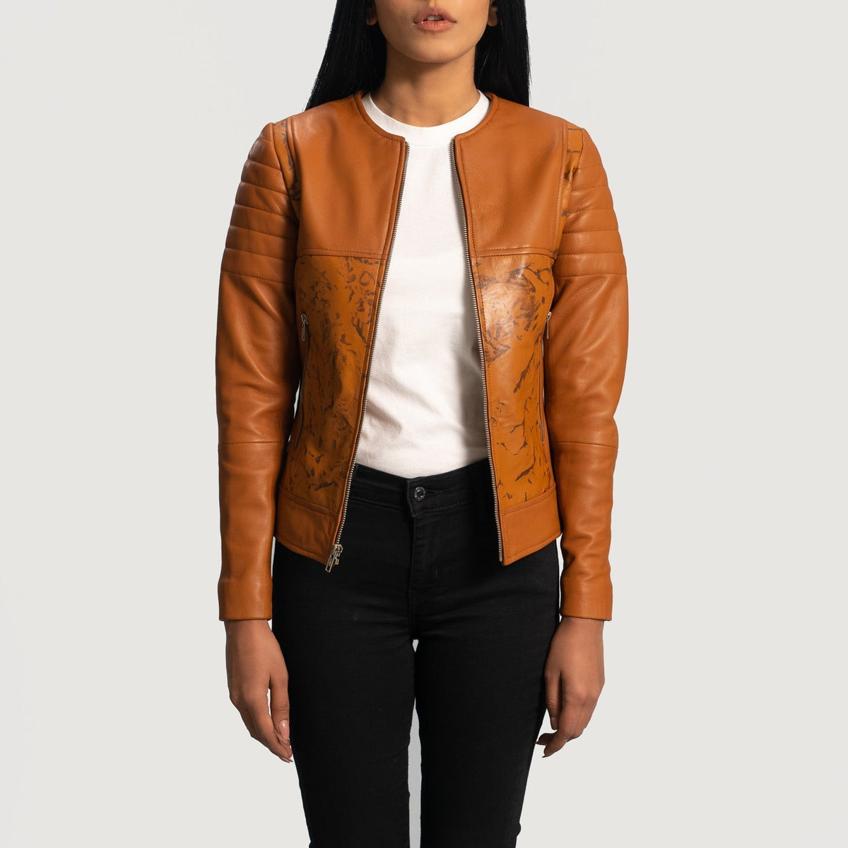 Women's Sandy بيج Dye جاكيت بايكر جلد نسائي - Lateral Side Profile View Showing Sleeve Cut &amp; Athletic Taper Fit