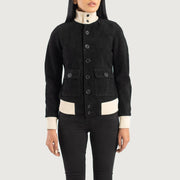 
تفاصيل مقربة of Knit Rib & Buttons Hardware on Sasha A1 Black Suede Bomber Jacket