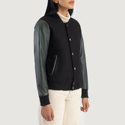 
Green Sheepskin Leather Bomber Jacket - عرض خلفي يوضح تفصيل الأكتاف المتقن والحاشية النظيفة