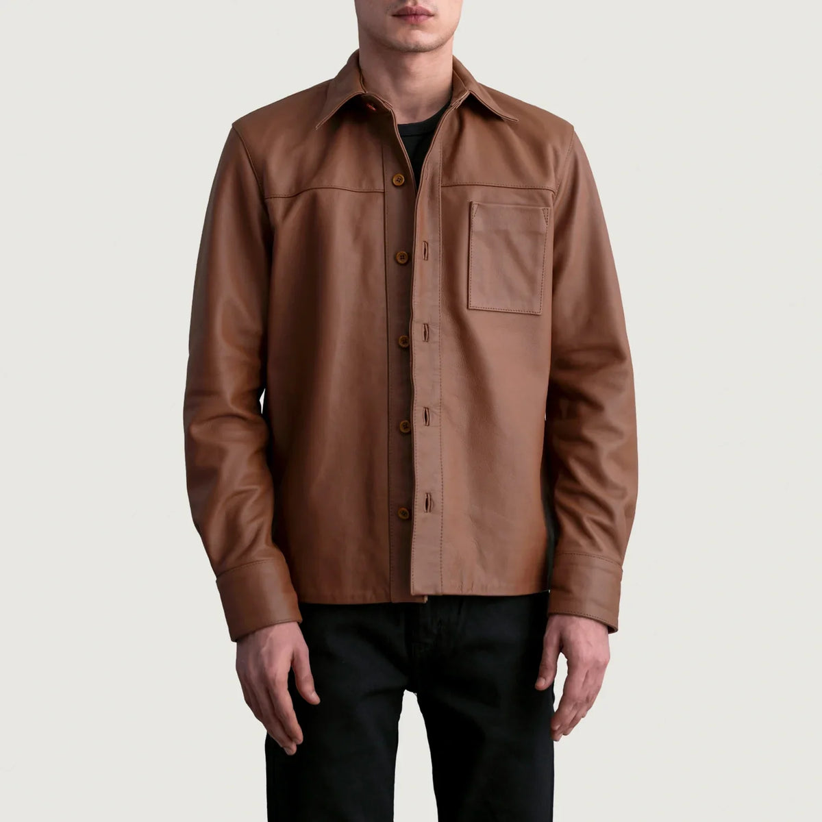 Scout Matte بني Leather Shirt رجالي in Matte Brown Cowhide Leather - Front Profile View &amp; Tailored Silhouette | Buy Online