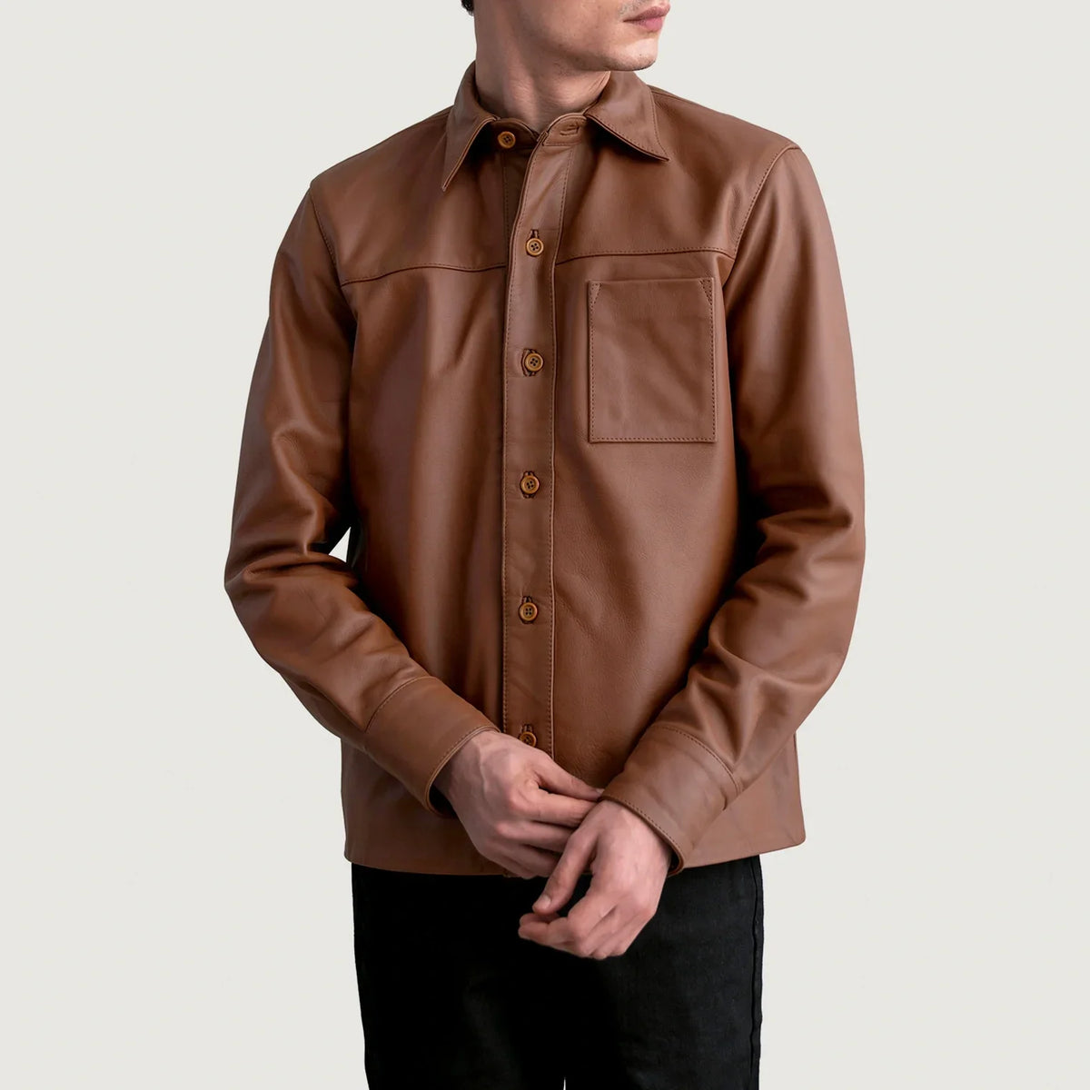 Scout Matte بني Leather Shirt رجالي - Lateral Side Profile View Showing Sleeve Cut &amp; Athletic Taper Fit
