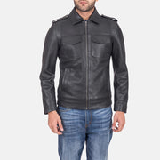 Sergeant أسود جاكيت جلد رجالي in Black Calfskin Leather - Front Profile View &amp; Tailored Silhouette | Buy Online