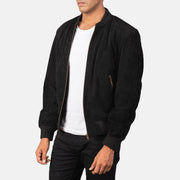 Black Goatskin Suede Bomber Jacket - Back View Showing Tailored Shoulder Fit &amp; Clean Hemline