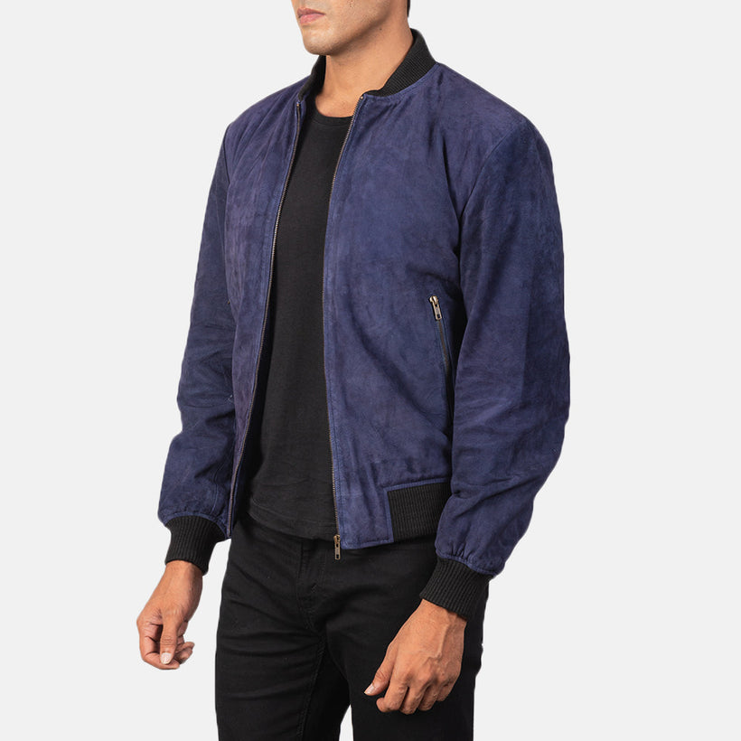 Shane أزرق Suede جاكيت بومبر جلد رجالي