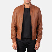 Men's Shane بني جاكيت بومبر جلد رجالي in Brown Sheepskin Leather - Front Profile View &amp; Tailored Silhouette | Buy Online