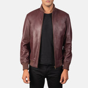 Men's Shane عنابي جاكيت بومبر جلد رجالي in Maroon Sheepskin Leather - Front Profile View &amp; Tailored Silhouette | Buy Online