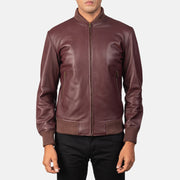 Close-Up Detail of Varsity &amp; Zipper Hardware on Men's Shane عنابي جاكيت بومبر جلد رجالي