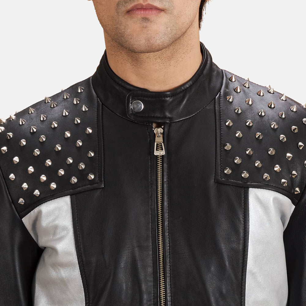 Close-Up Detail of Band with snap button &amp; Zipper Hardware on Shapron Studded جاكيت بايكر جلد رجالي