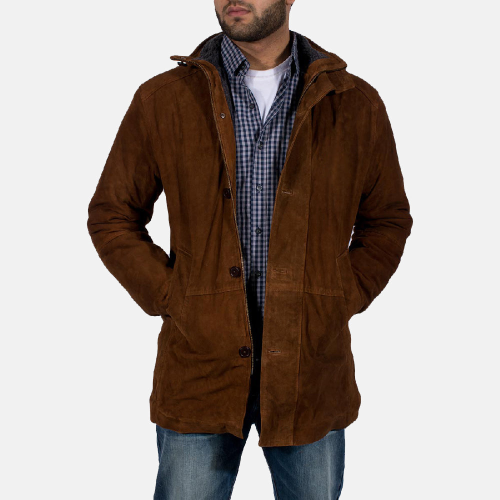 Men's Sheriff بني جاكيت شمواه طبيعي رجالي in Brown Goatskin Suede - Front Profile View &amp; Tailored Silhouette | Buy Online