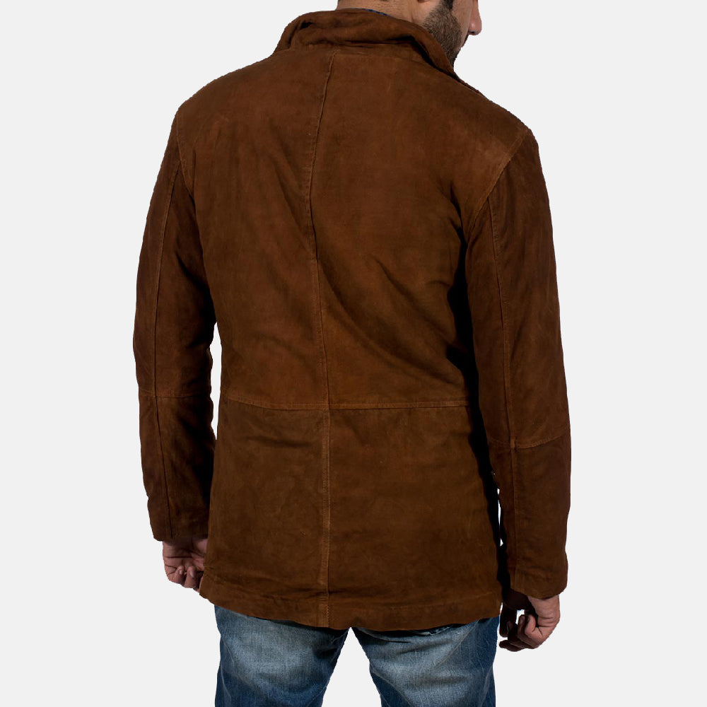 Close-Up Detail of High neck &amp; Zipper with Button Flap Hardware on Men's Sheriff بني جاكيت شمواه طبيعي رجالي