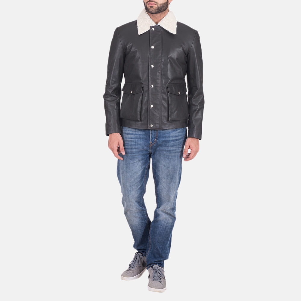 
تفاصيل مقربة of Shirt style Faux Shearling Collar & Zipper + Button Flap Hardware on Snow Cole أسود جاكيت جلد رجالي