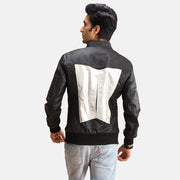 Spade Silver أسود جاكيت بومبر جلد رجالي - Lateral Side Profile View Showing Sleeve Cut &amp; Athletic Taper Fit