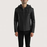 Black Goatskin Leather Hooded Jacket - Back View Showing Tailored Shoulder Fit &amp; Clean Hemline