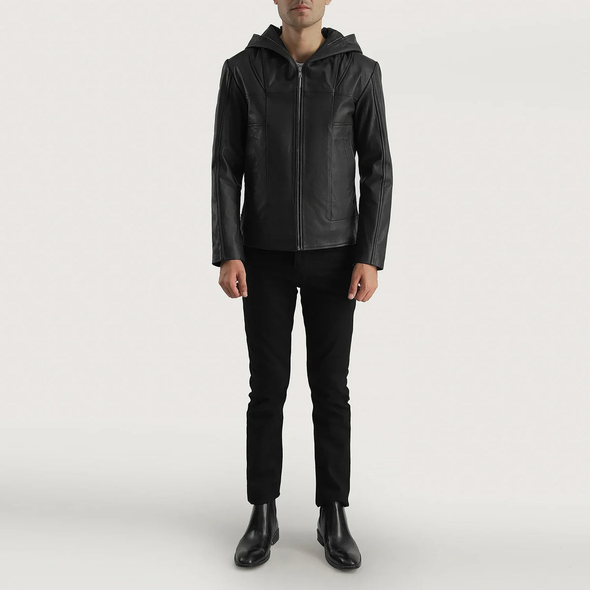 Close-Up Detail of Hooded &amp; Zipper Hardware on Men's Spratt أسود Hooded جاكيت جلد رجالي