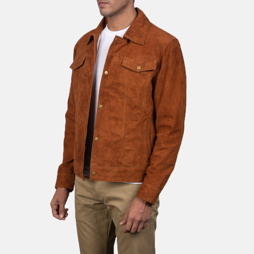 Styled Fit Perspective of Men's Stallon Black Suede Jacket on Model - Natural Daylight Drape