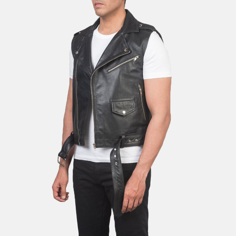 Sullivan أسود Leather Biker Vest رجالي