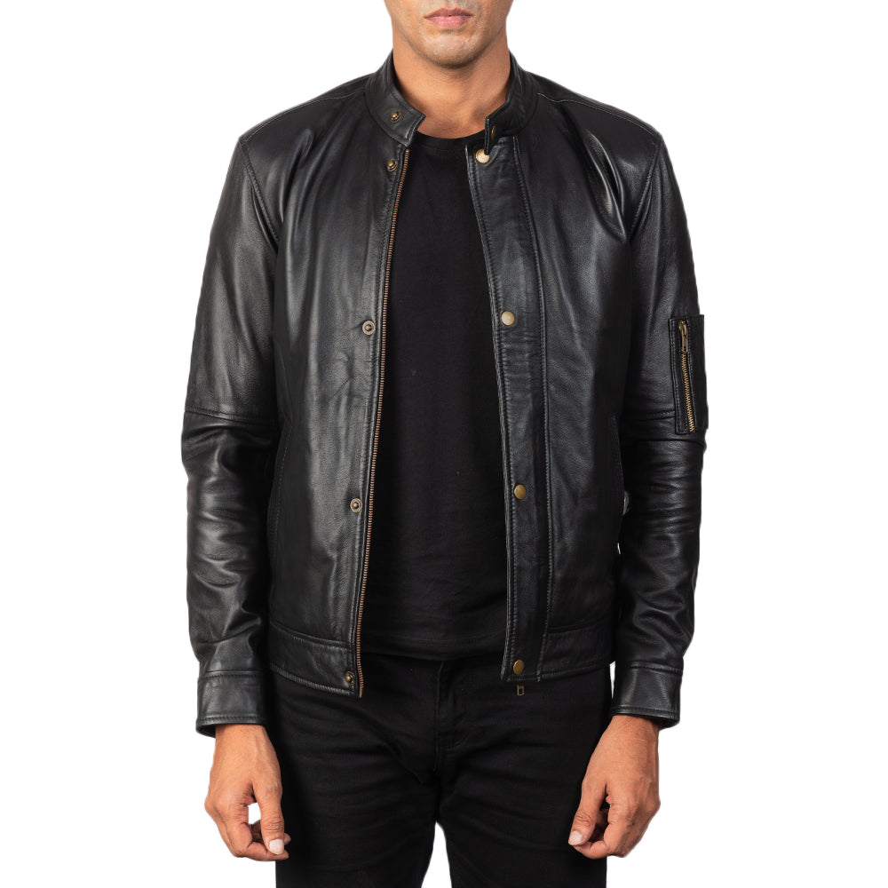 Men's Tea House أسود جاكيت بايكر جلد رجالي in Black Sheepskin Leather - Front Profile View &amp; Tailored Silhouette | Buy Online