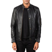 Men's Tea House أسود جاكيت بايكر جلد رجالي in Black Sheepskin Leather - Front Profile View &amp; Tailored Silhouette | Buy Online