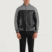 Close-Up Detail of Varsity & Snap Buttons Hardware on Terrance Black & Red Leather Varsity Jacket