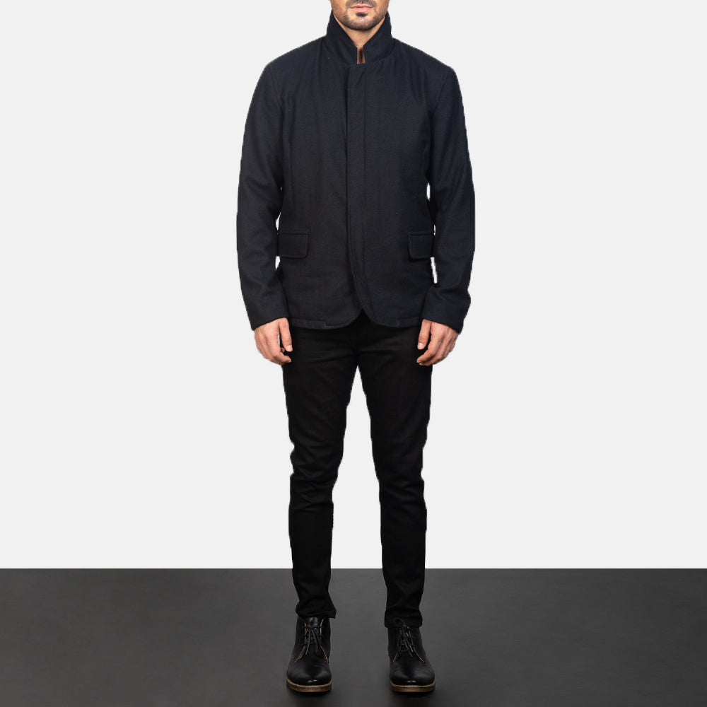 Men's Thomas أسود Wool جاكيت جلد رجالي - Lateral Side Profile View Showing Sleeve Cut &amp; Athletic Taper Fit