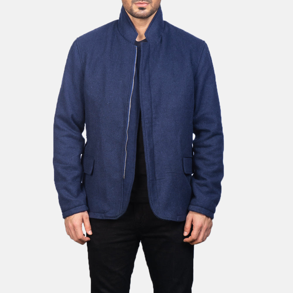 Men's Thomas أزرق Wool جاكيت جلد رجالي in Navy Blue Synthetic Wool - Front Profile View &amp; Tailored Silhouette | Buy Online