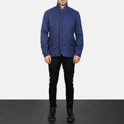 Men's Thomas أزرق Wool جاكيت جلد رجالي - Lateral Side Profile View Showing Sleeve Cut &amp; Athletic Taper Fit