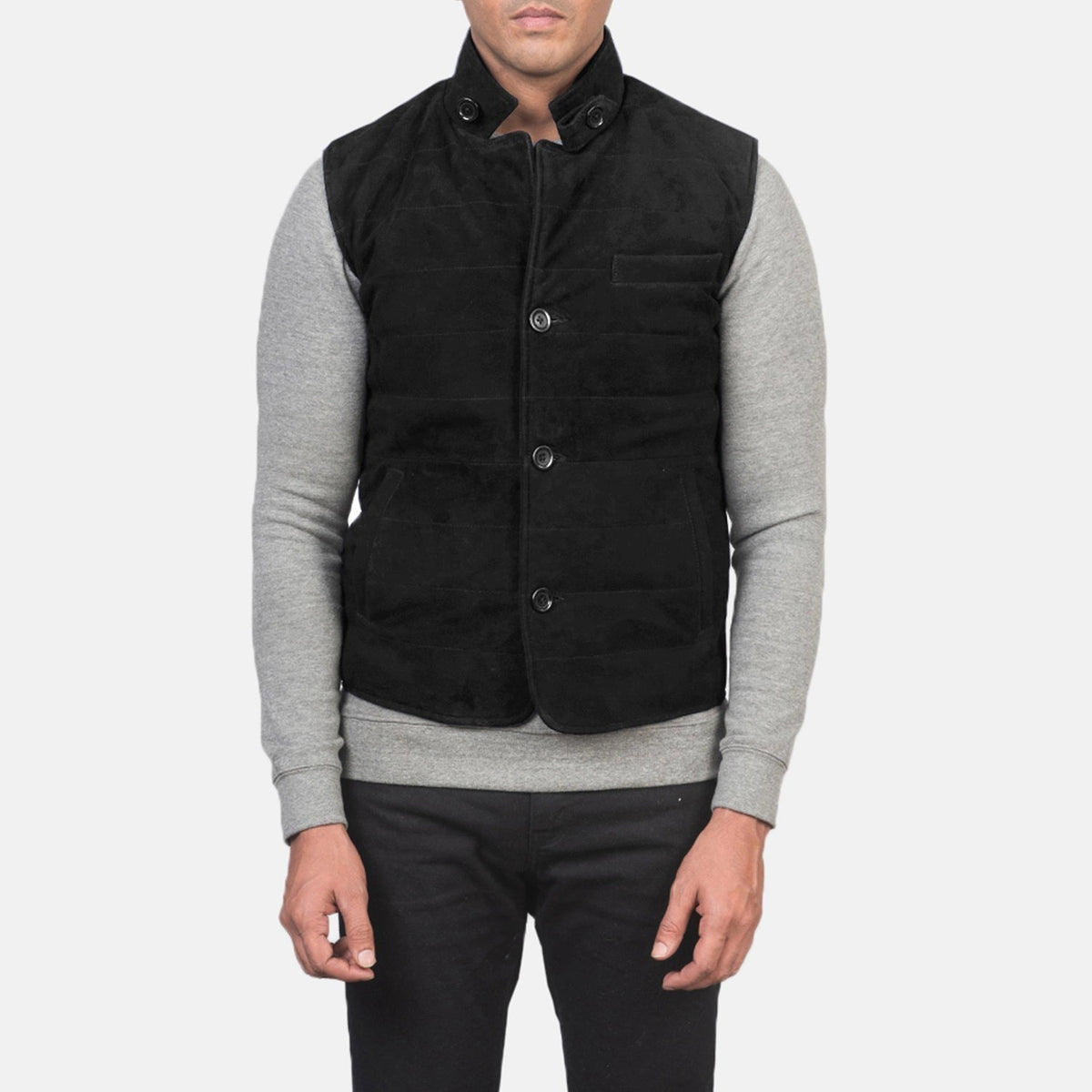 Close-Up Detail of Notch with removable throat latch &amp; Button Hardware on Men's Tony أسود Suede Vest رجالي
