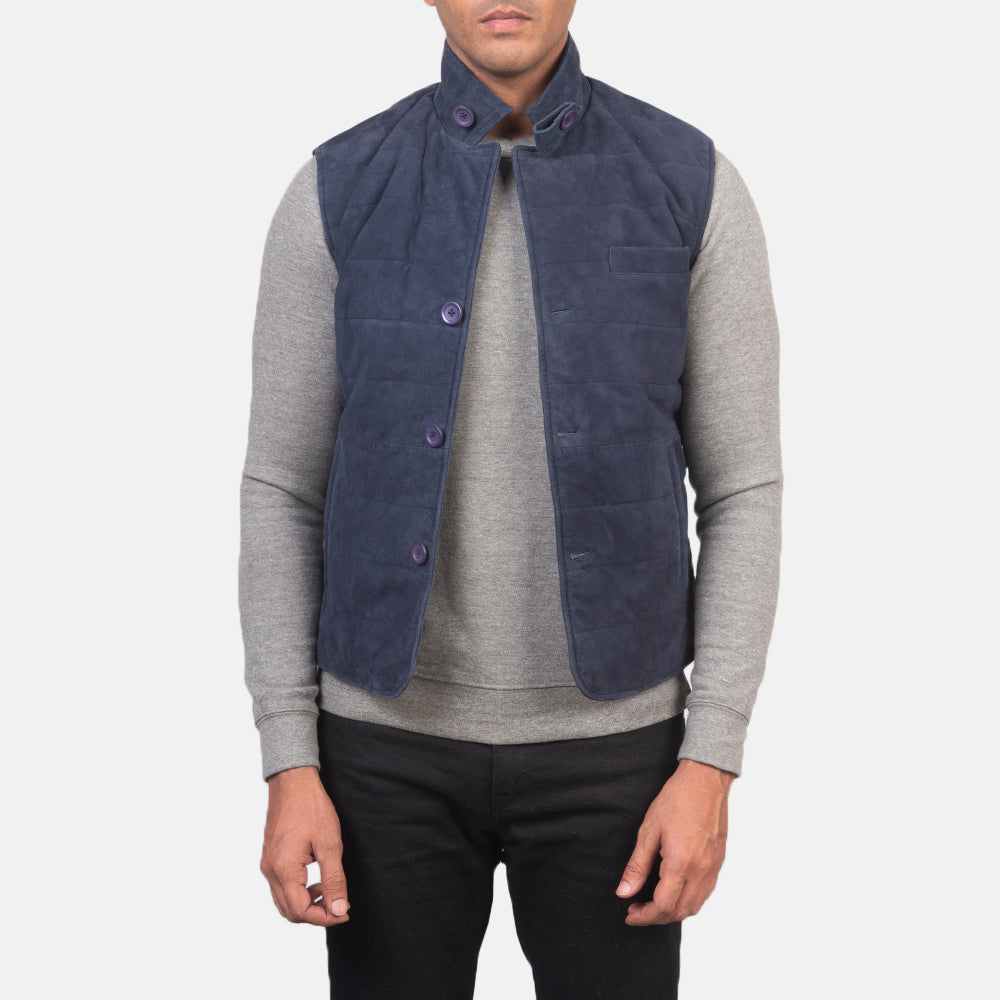 Men's Tony أزرق Suede Vest رجالي in Blue Goatskin Suede - Front Profile View &amp; Tailored Silhouette | Buy Online