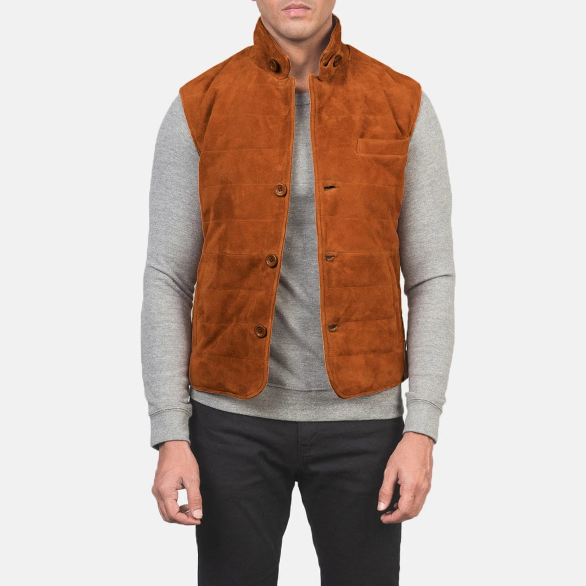 Men's Tony بني Suede Vest رجالي in Brown Goatskin Suede - Front Profile View &amp; Tailored Silhouette | Buy Online
