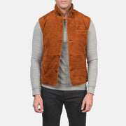 Men's Tony بني Suede Vest رجالي in Brown Goatskin Suede - Front Profile View &amp; Tailored Silhouette | Buy Online