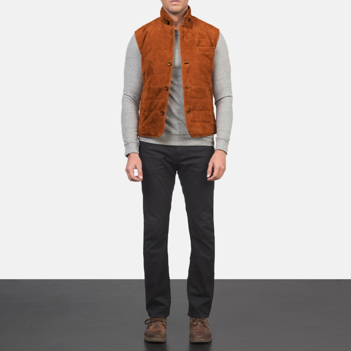 Men's Tony بني Suede Vest رجالي - Lateral Side Profile View Showing Sleeve Cut &amp; Athletic Taper Fit