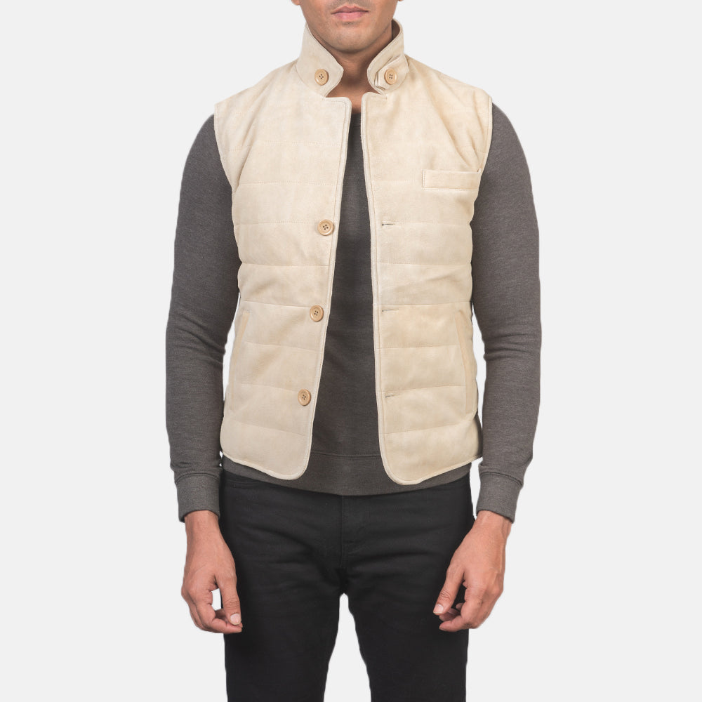 Men's Tony Off-White Suede Vest رجالي in Off-White Goatskin Suede - Front Profile View &amp; Tailored Silhouette | Buy Online