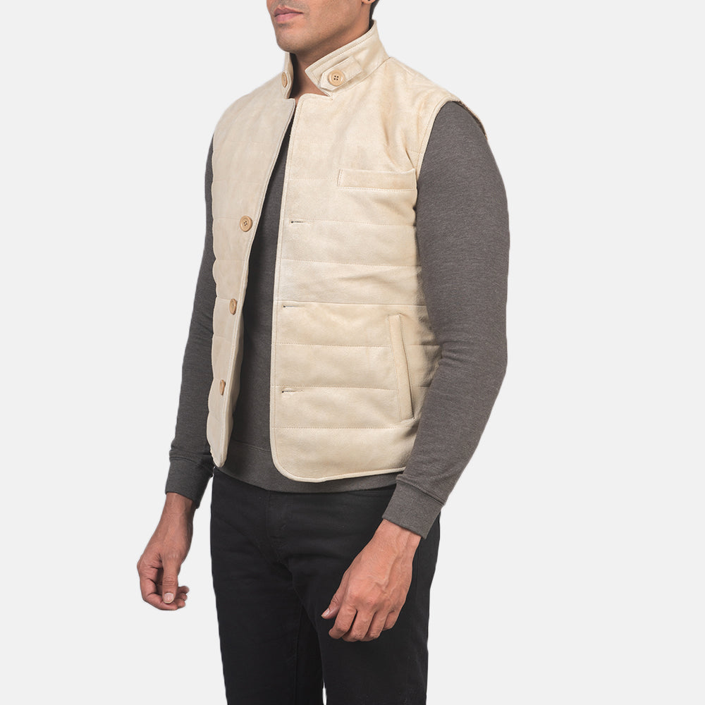 Off-White Goatskin Suede Leather Vest - Back View Showing Tailored Shoulder Fit &amp; Clean Hemline