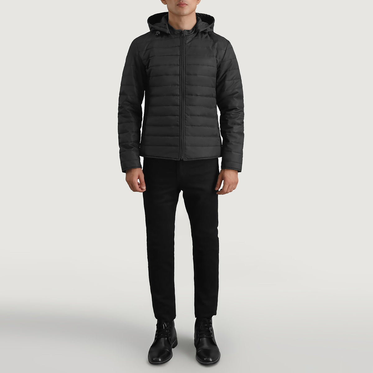 Tyler أسود Hooded Puffer جاكيت جلد رجالي - Lateral Side Profile View Showing Sleeve Cut &amp; Athletic Taper Fit