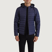 Tyler أزرق Hooded Puffer جاكيت جلد رجالي in Blue Full-Grain Leather - Front Profile View &amp; Tailored Silhouette | Buy Online