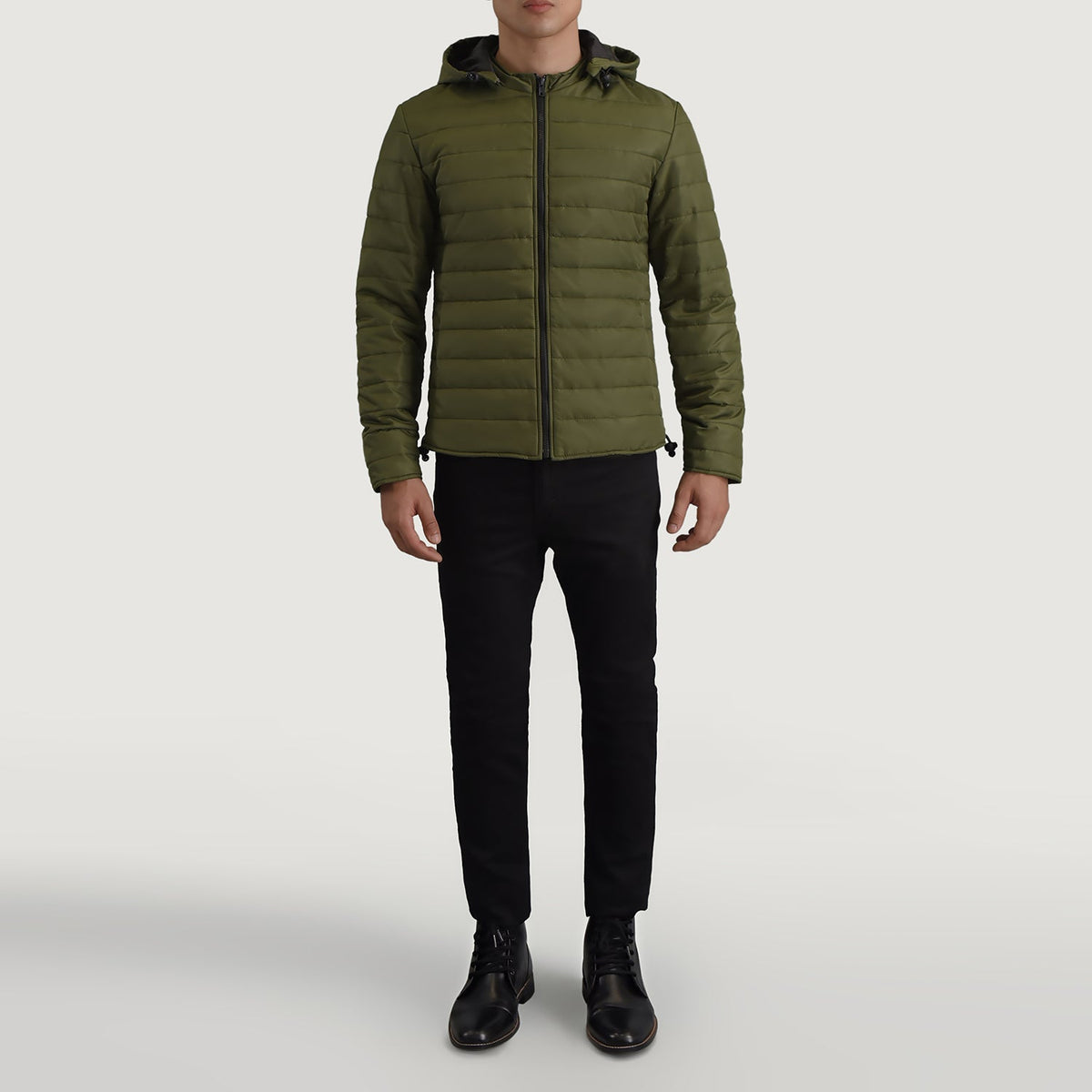 
Tyler أخضر Hooded Puffer جاكيت جلد رجالي - عرض جانبي يوضح قَصّة الأكمام المريحة