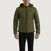 
تفاصيل مقربة of Classic Collar & Zipper Hardware on Tyler أخضر Hooded Puffer جاكيت جلد رجالي