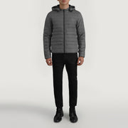 Tyler Grey Hooded Puffer جاكيت جلد رجالي - Lateral Side Profile View Showing Sleeve Cut &amp; Athletic Taper Fit