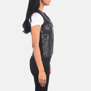 
Vanda أسود Leather Biker Vest نسائي - عرض خلفي يوضح تفصيل الأكتاف المتقن والحاشية النظيفة