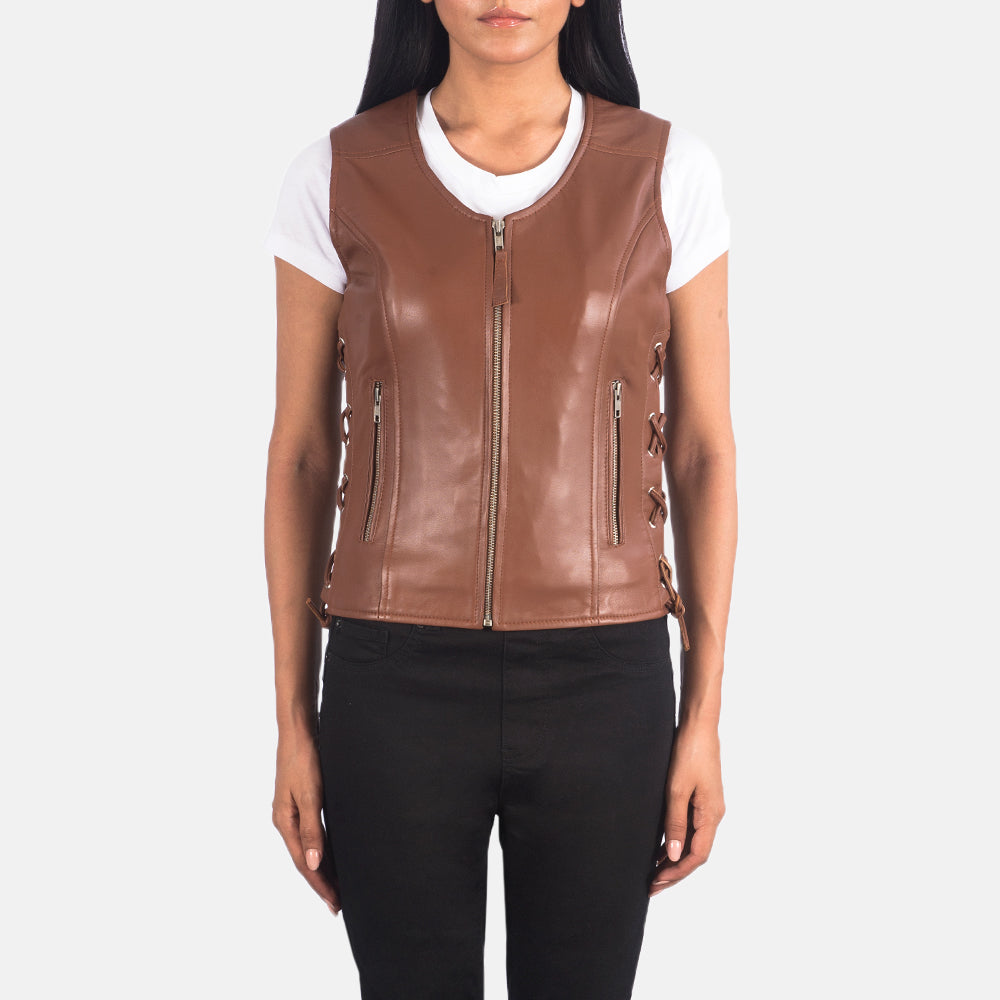 Women's Vanda بني Leather Biker Vest نسائي in Brown Sheepskin Leather - Front Profile View &amp; Tailored Silhouette | Buy Online