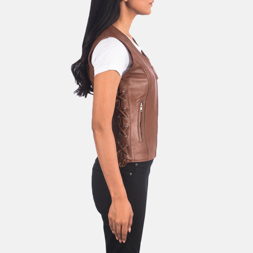 Vanda بني Leather Biker Vest نسائي