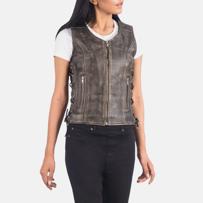 Vanda Distressed بني Leather Biker Vest نسائي