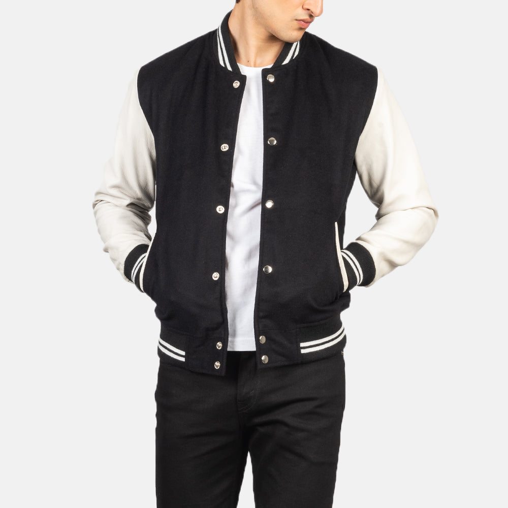 Men's Vaxton أسود &amp; White Hybrid Varsity جاكيت جلد رجالي in Black &amp; White Sheepskin Leather - Front Profile View &amp; Tailored Silhouette | Buy Online