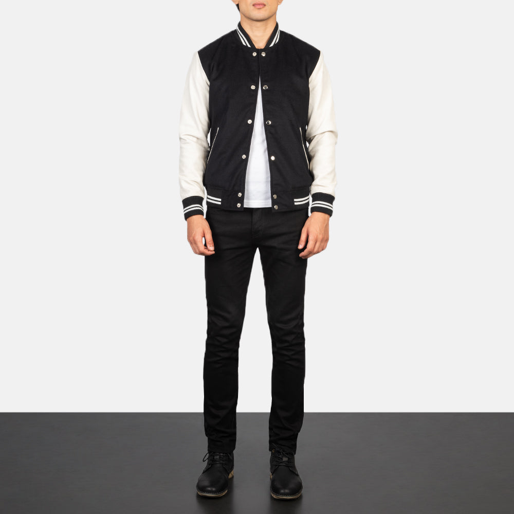 Men's Vaxton أسود &amp; White Hybrid Varsity جاكيت جلد رجالي - Lateral Side Profile View Showing Sleeve Cut &amp; Athletic Taper Fit